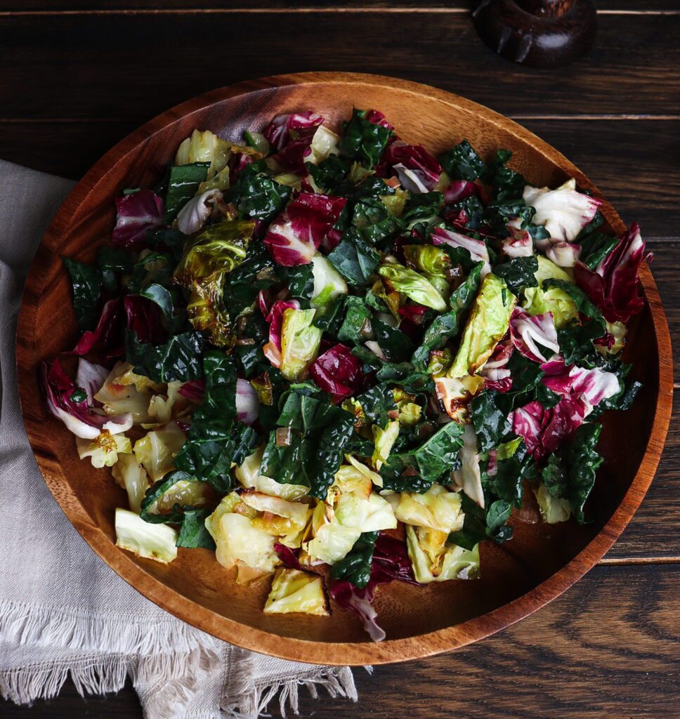 roasted chicken and winter greens salad, pan drippings vinaigrette