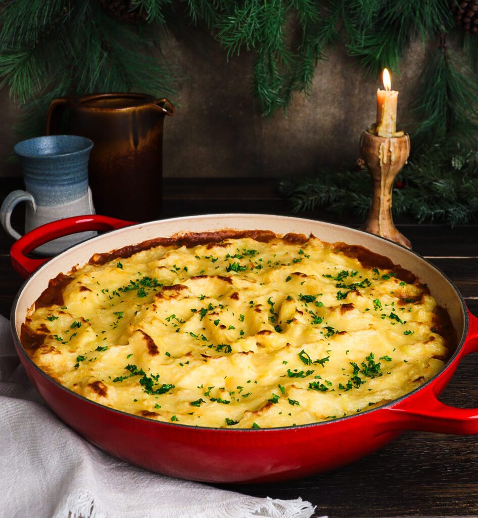 gardener's pie, lentil and mushroom pie, root vegetable mash, shire food