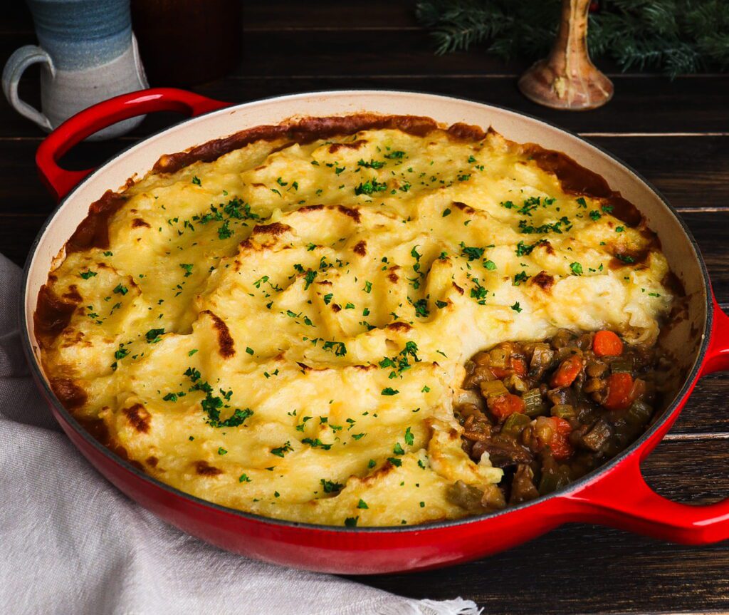lentil and mushroom pie, root vegetable mash