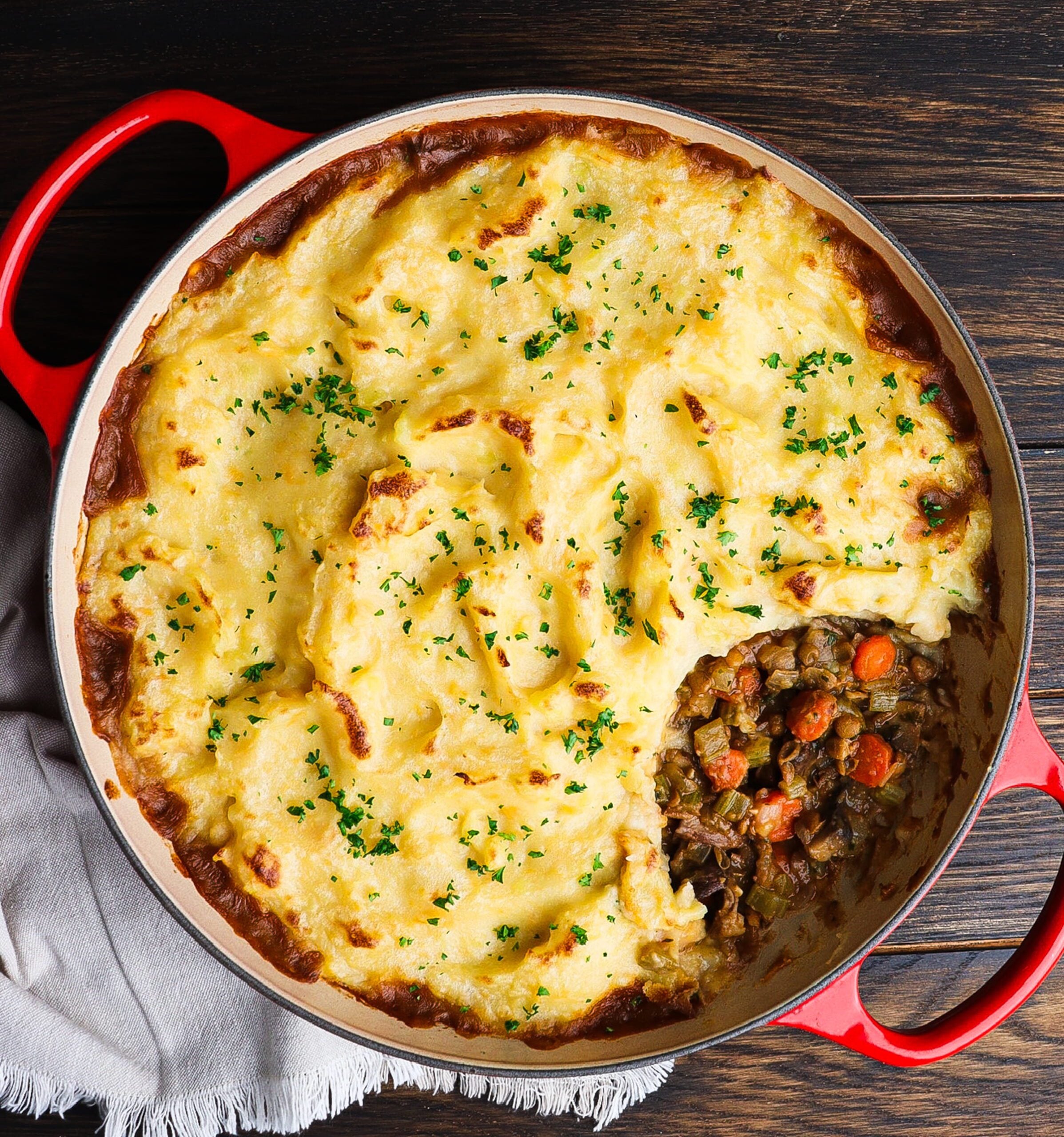 gardener's pie, lentil and mushroom pie, shire food