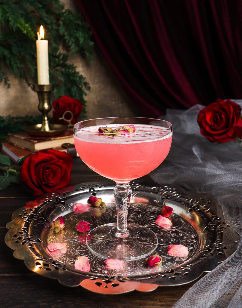 raspberry rose cocktail, floral cocktail, literary recipe