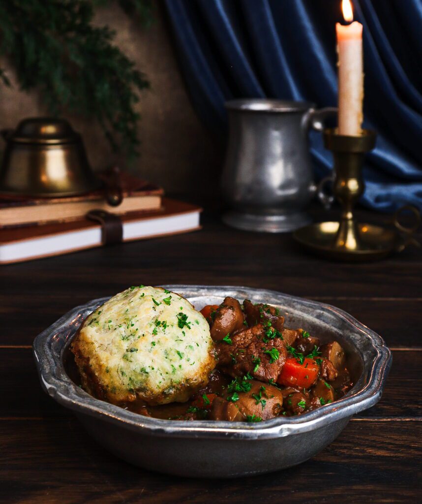 beef and ale stew with suet dumplings, literary recipes, beef stew with dumplings
