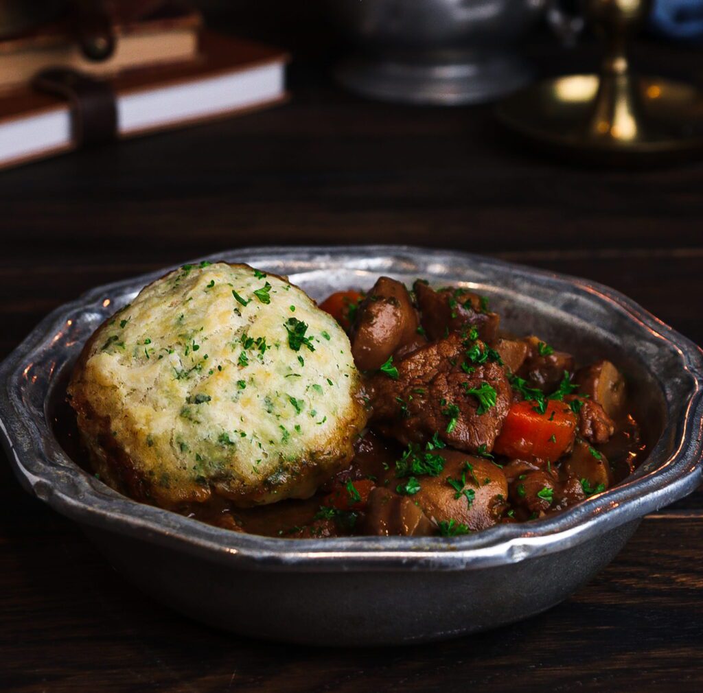 beef and ale stew with suet dumplings, literary recipes