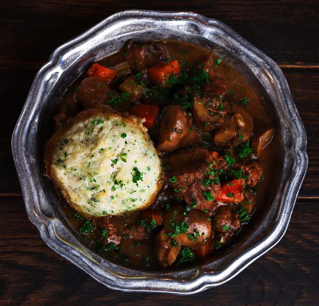 beef and ale stew with suet dumplings, beef stew with dumplings, literary recipes