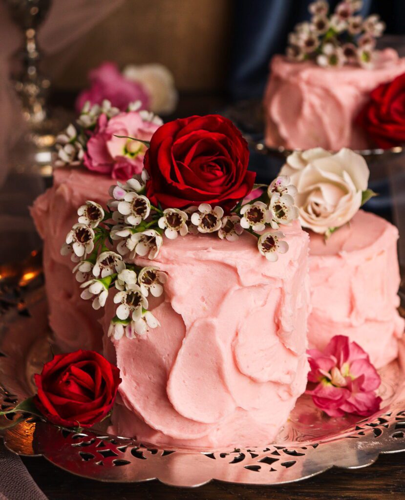 literary recipes, almond cake with buttercream frosting, raspberry almond cake