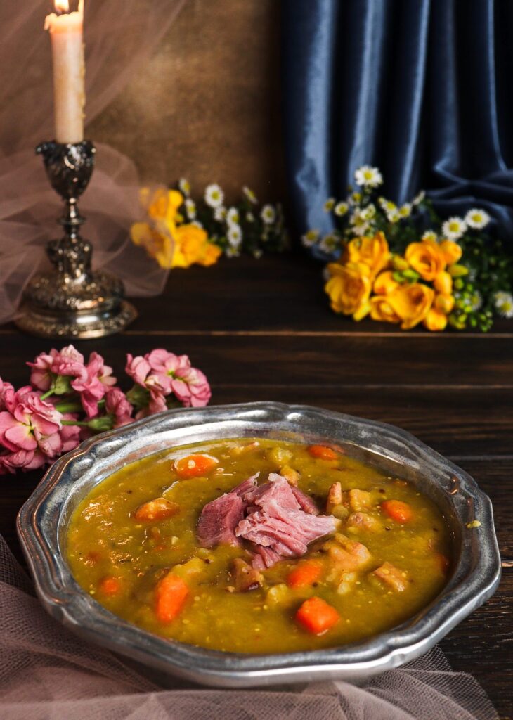 split pea soup with pork hock, smoked pork hock pea soup, literary recipes