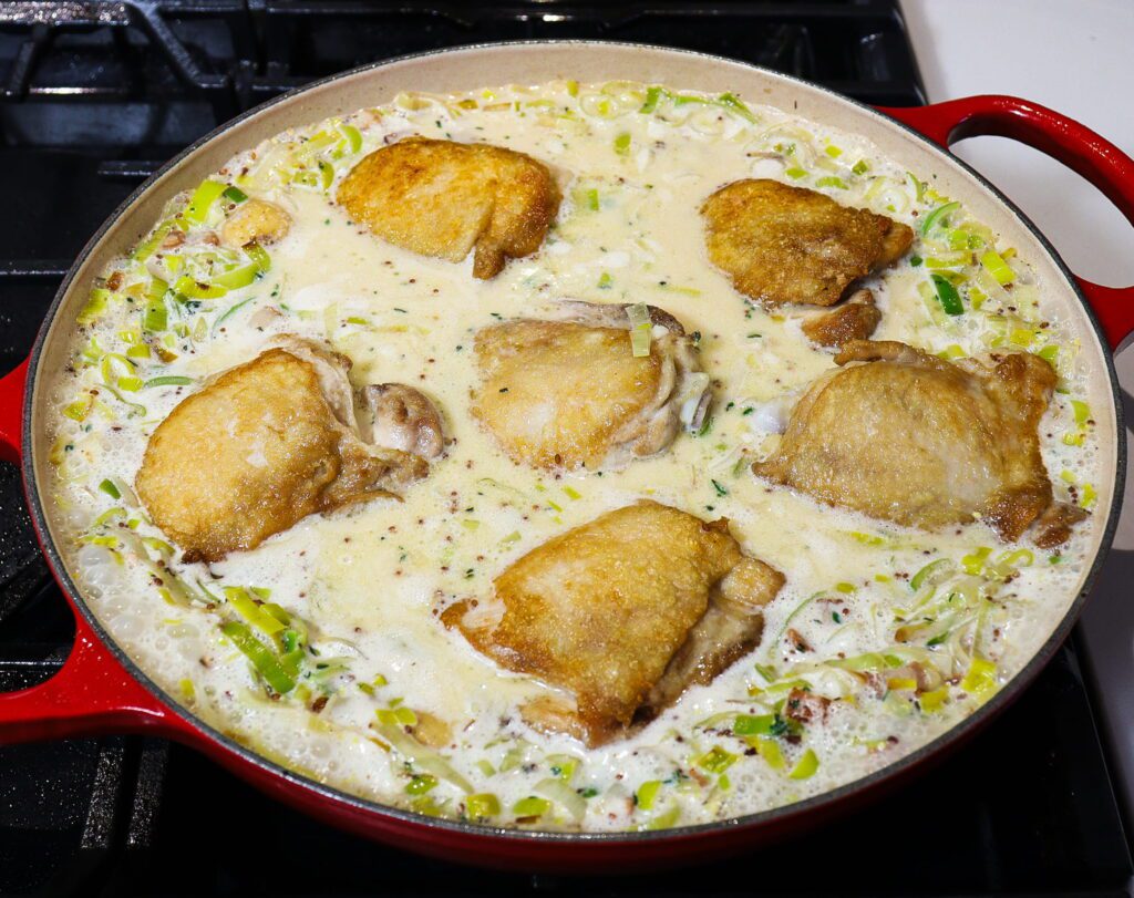 chicken braised in cider, chicken with bacon and leeks