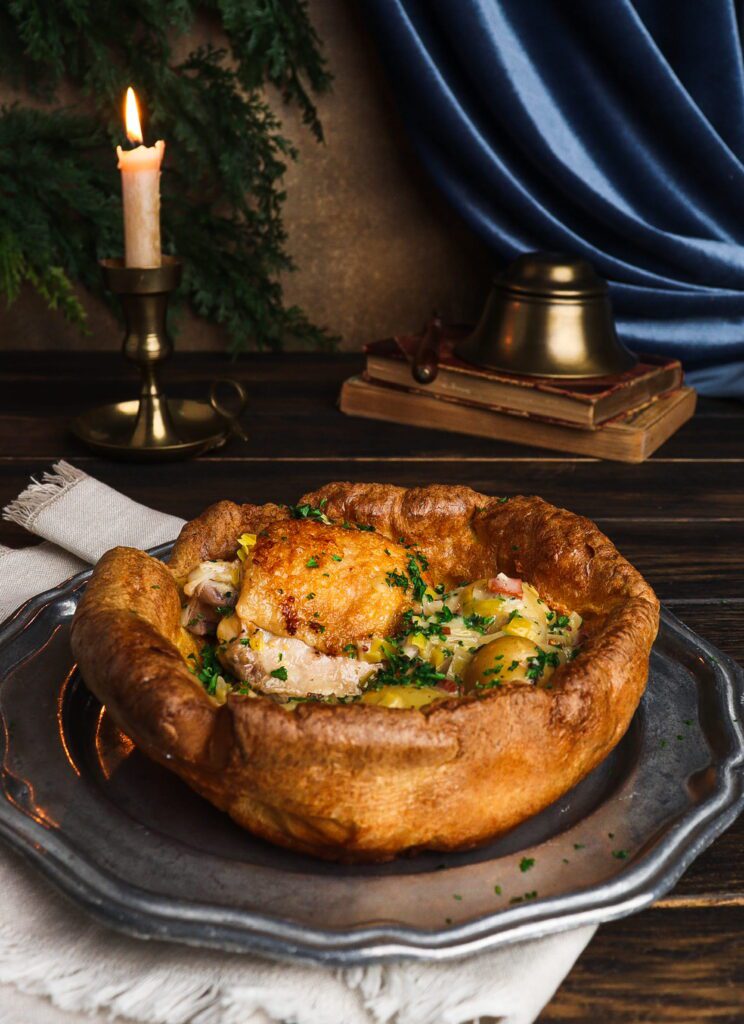 chicken braised in cider, chicken with bacon and leeks, literary recipe