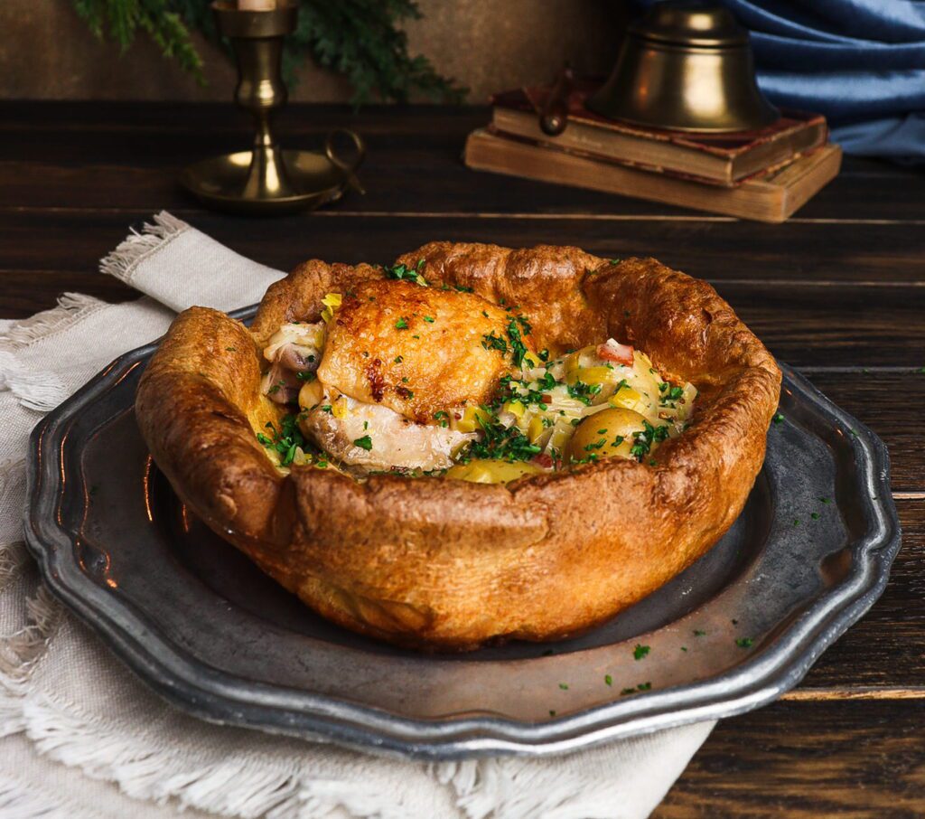 cider braised chicken with bacon and leeks, chicken braised in cider, giant yorkshire pudding, literary recipe
