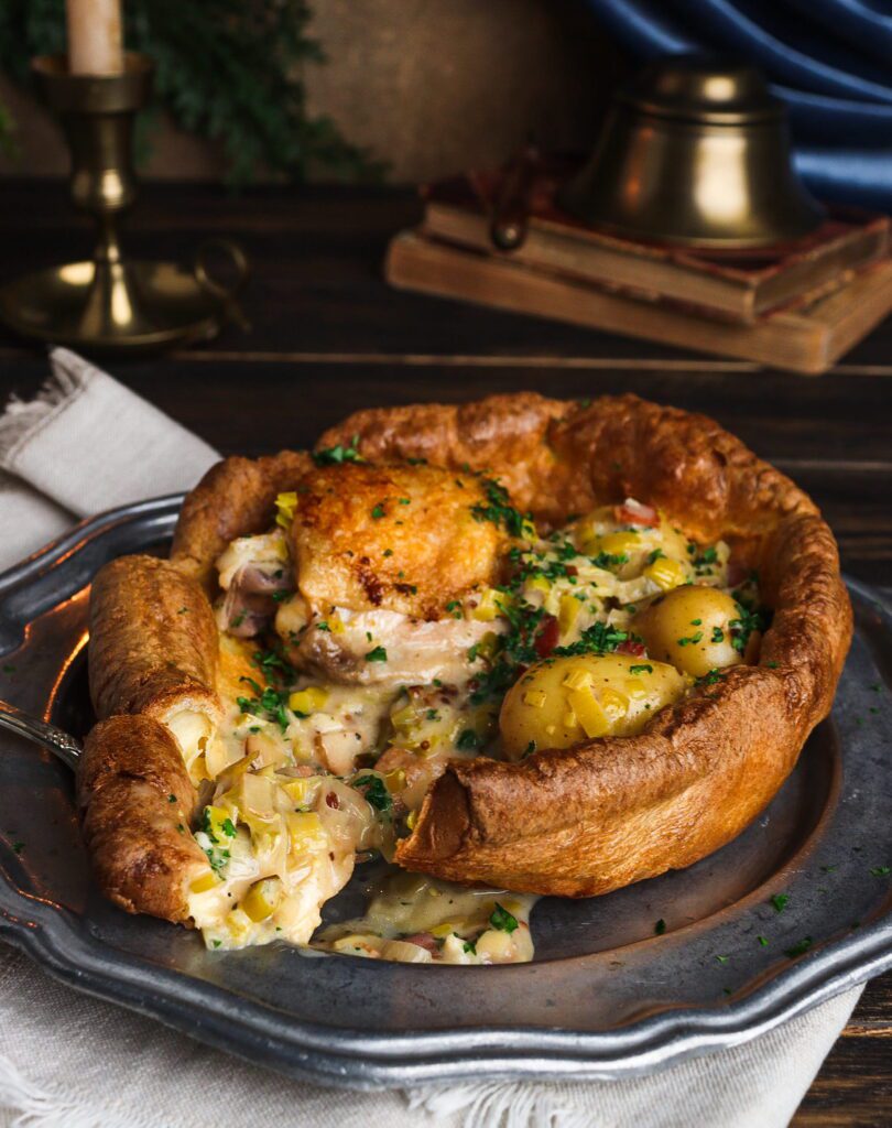 cider braised chicken with bacon and leeks, giant yorkshire pudding, literary recipe