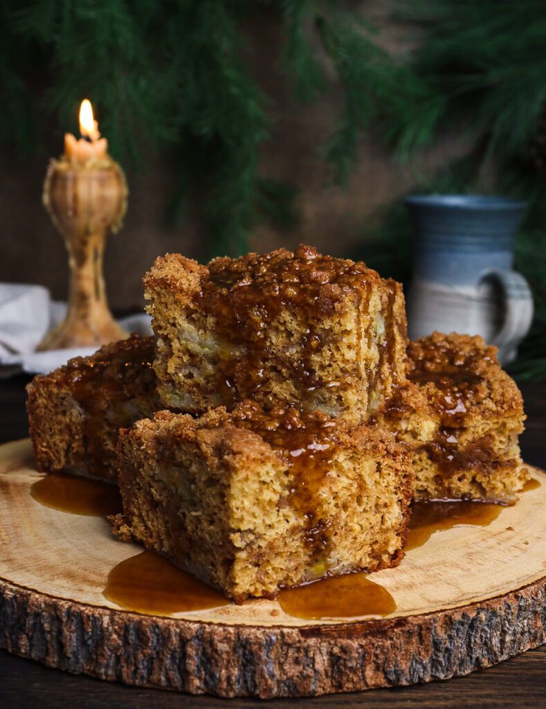 banana coffee cake, cottagecore baking recipes, coffee cake with caramel sauce