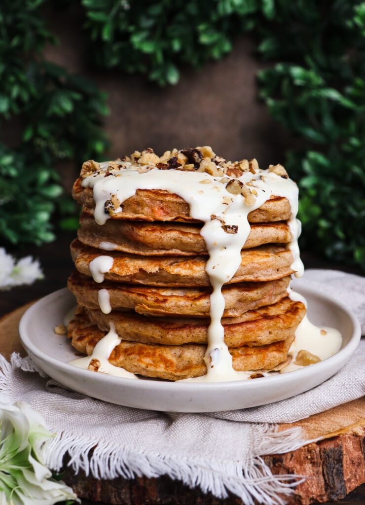 cottagecore breakfast, carrot cake pancakes, orange cream cheese glaze