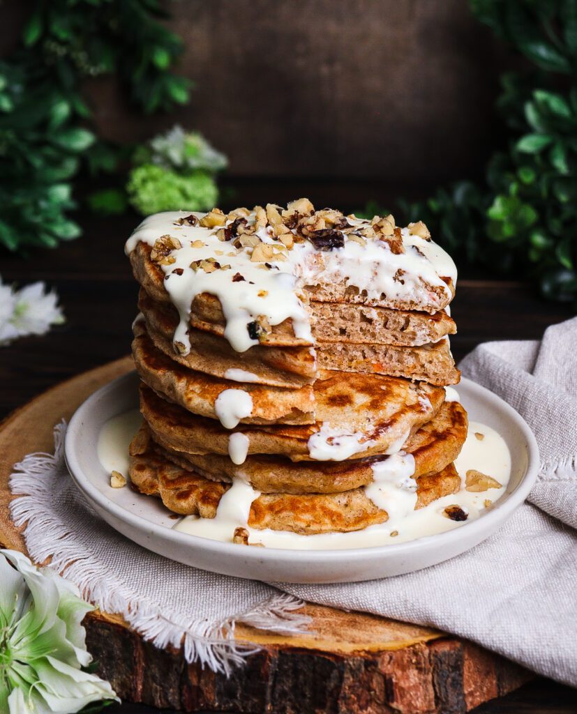 carrot cake pancakes with orange cream cheese frosting, orange cream cheese glaze