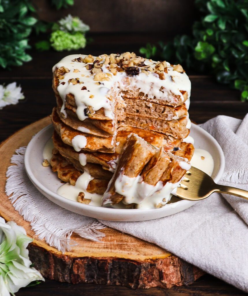 carrot cake pancakes with cream cheese frosting, orange cream cheese glaze, cottagecore breakfast