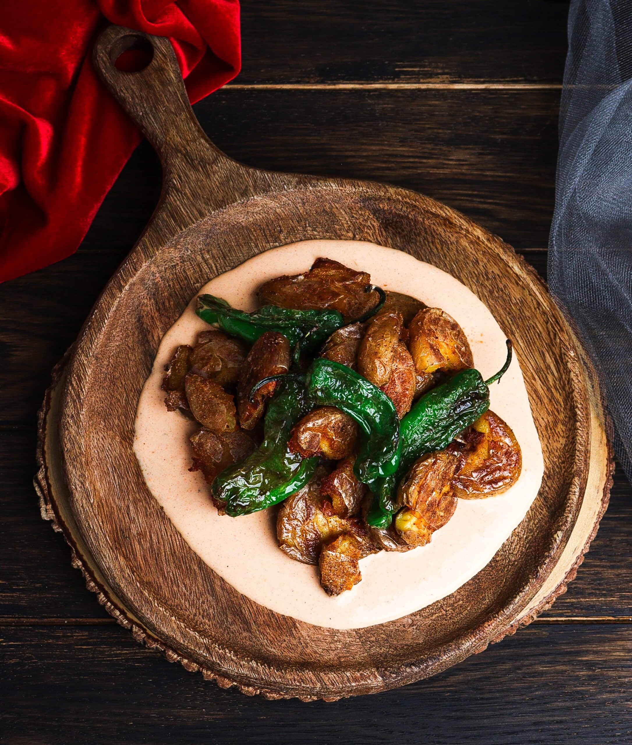 spicy smashed potatoes, princess bride recipes, blistered peppers