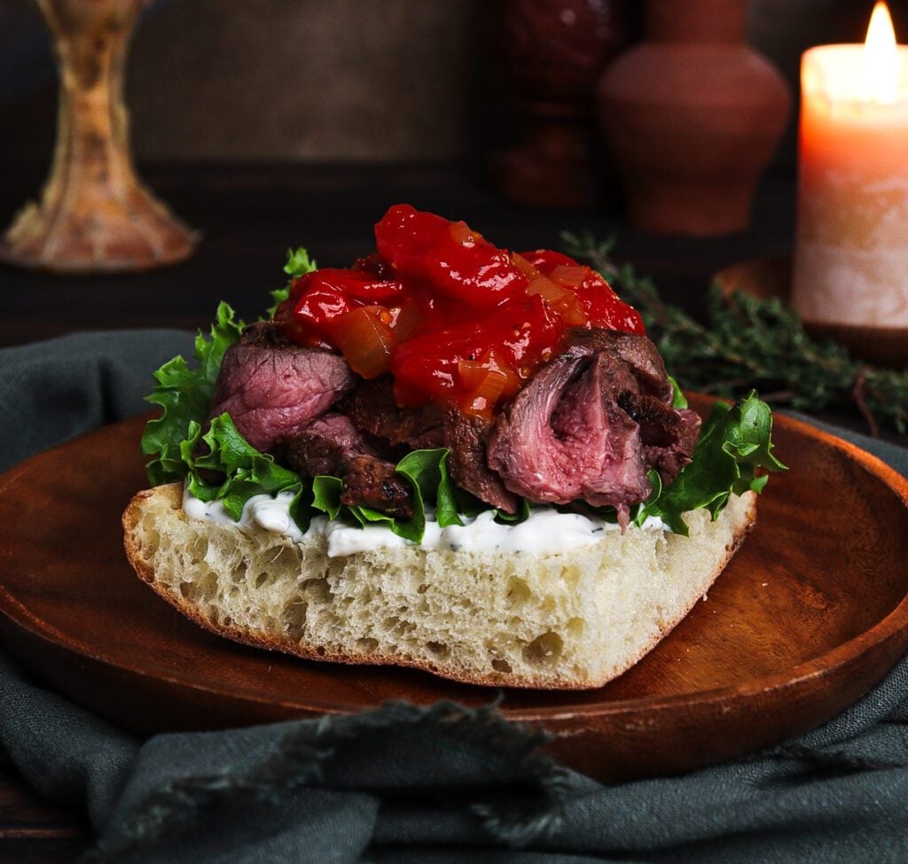 grilled lamb sandwich, cherry tomato jam