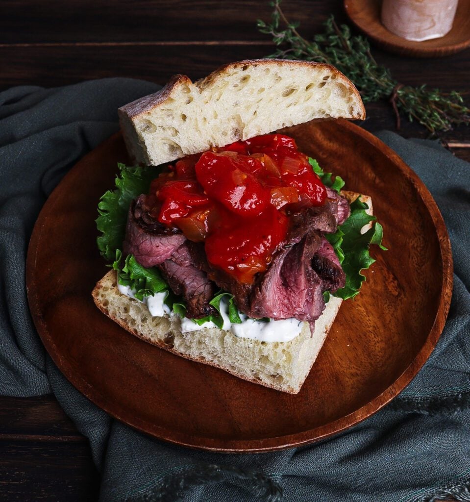 mutton lettuce and tomato sandwich, cherry tomato jam