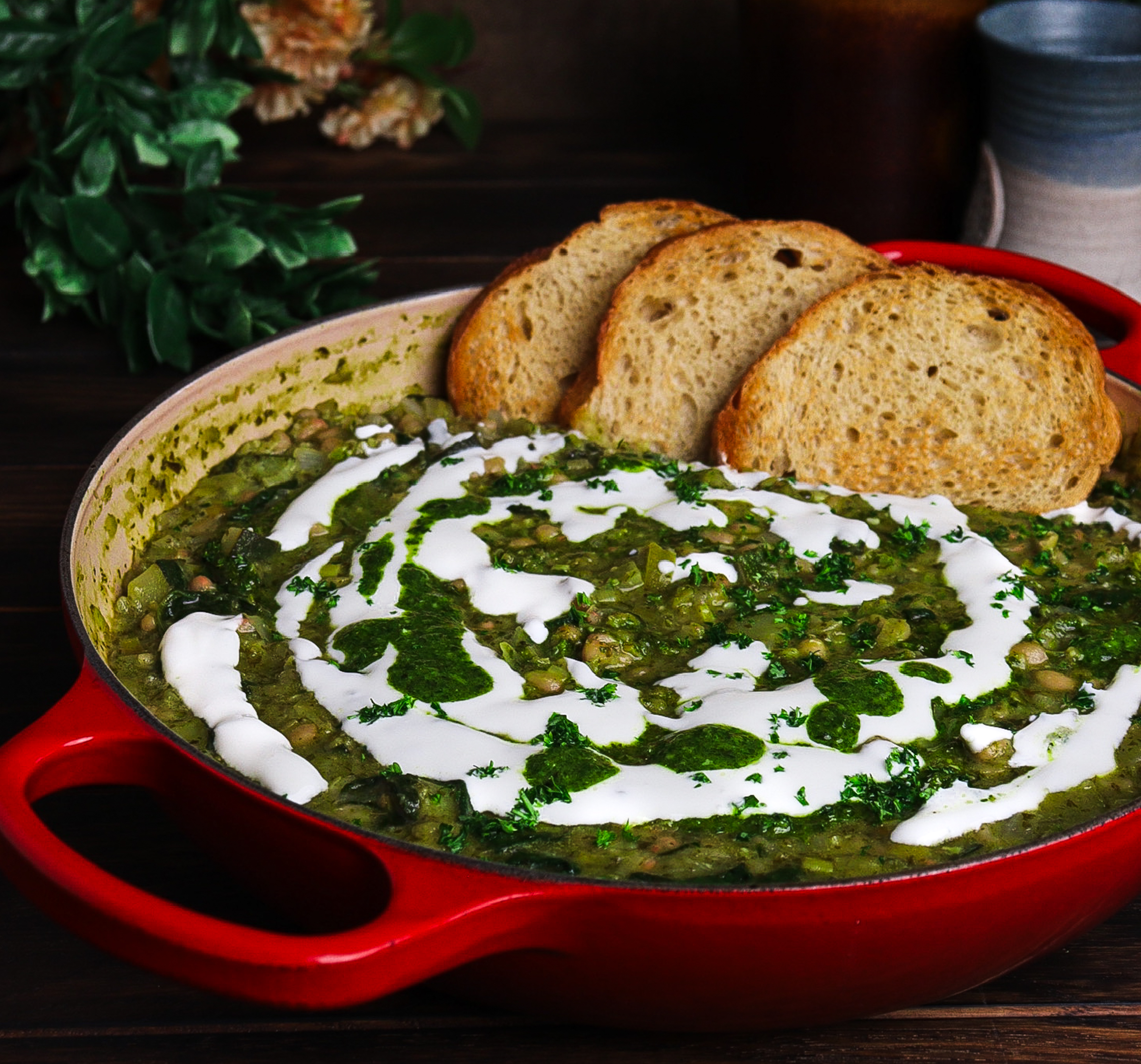 spring vegetable cassoulet, cassoulet white bean. pesto white bean