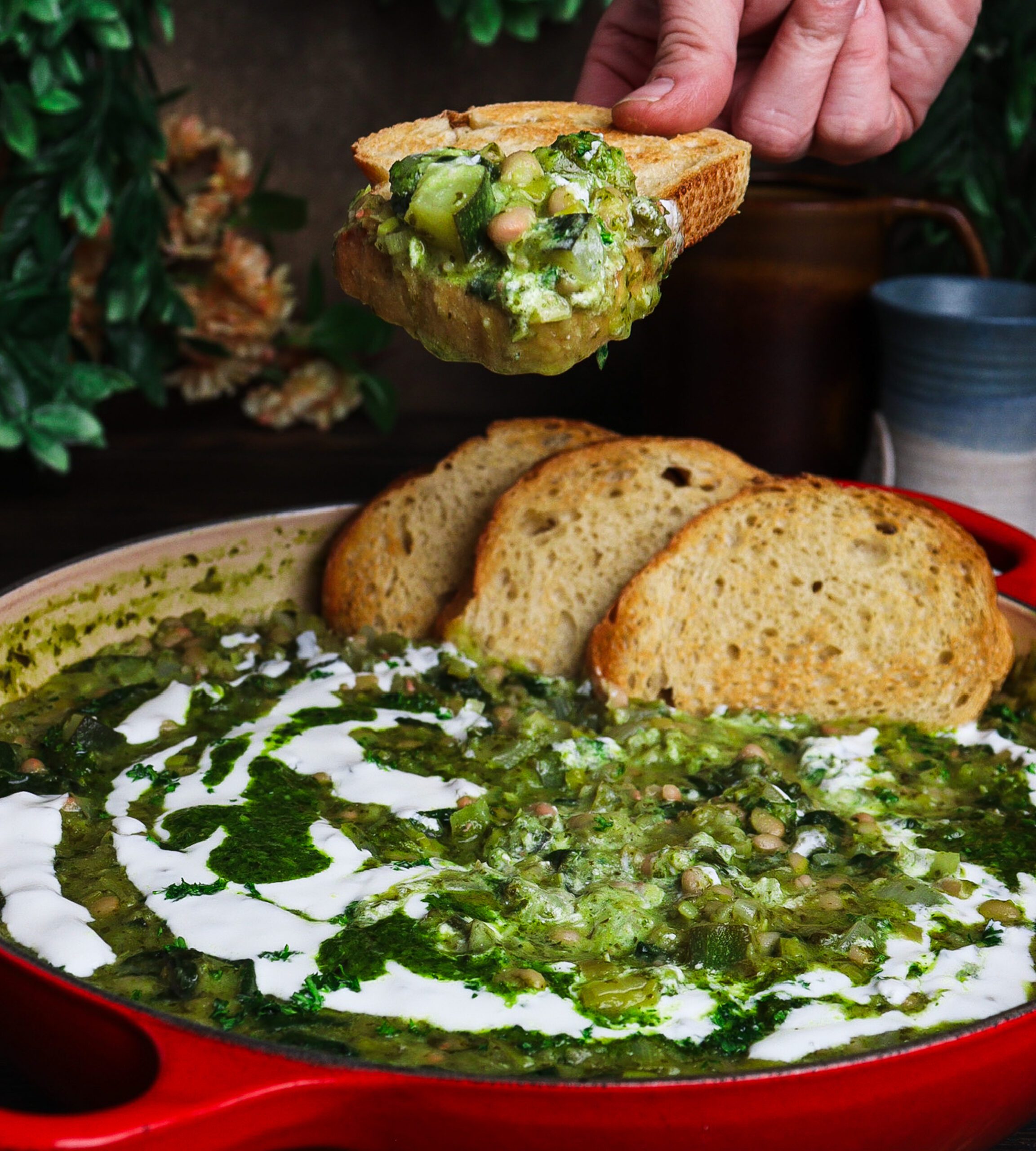 cottagecore recipe, spring vegetable cassoulet, pesto white bean