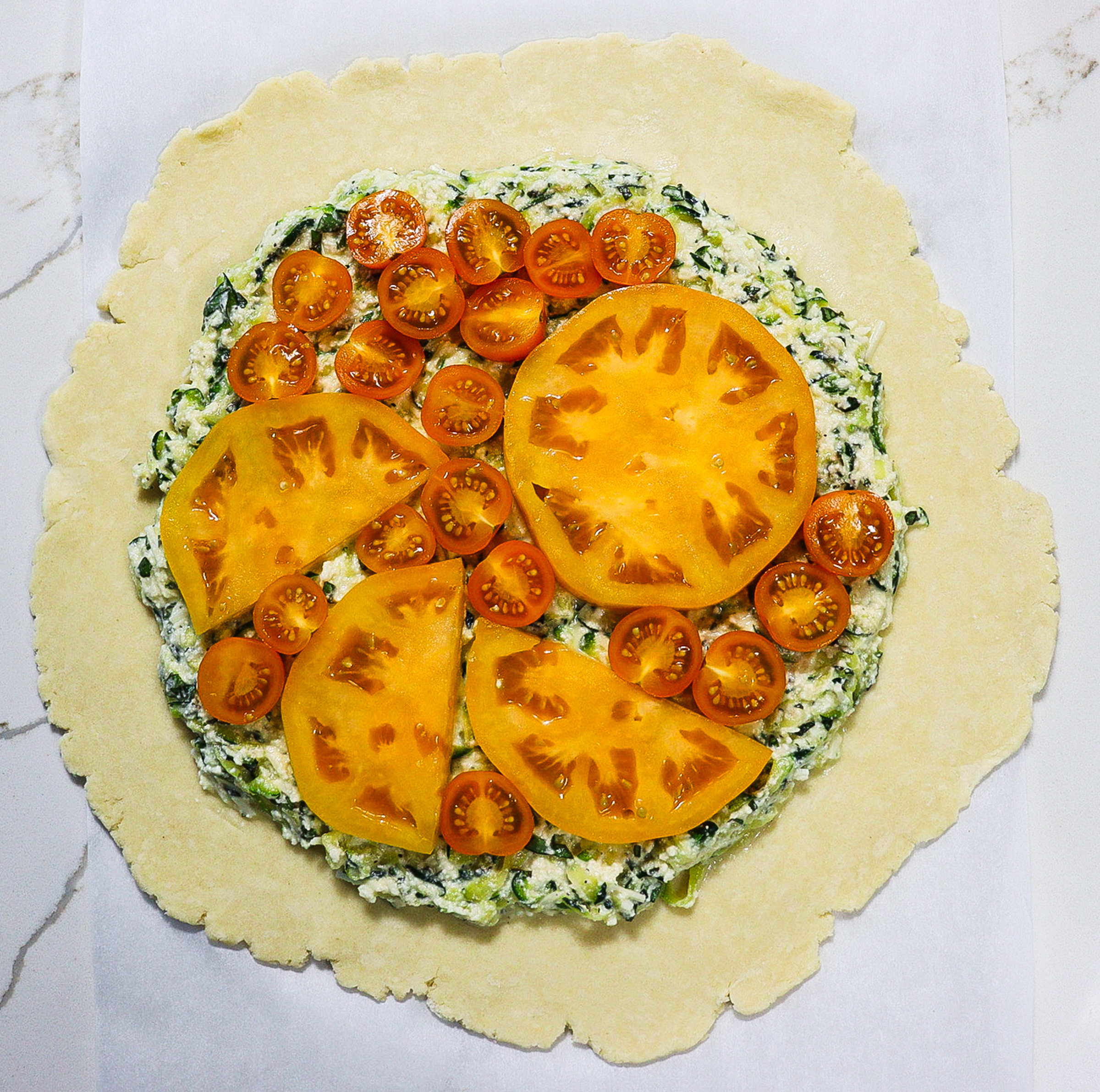 golden tomato zucchini galette, tomato galette recipe