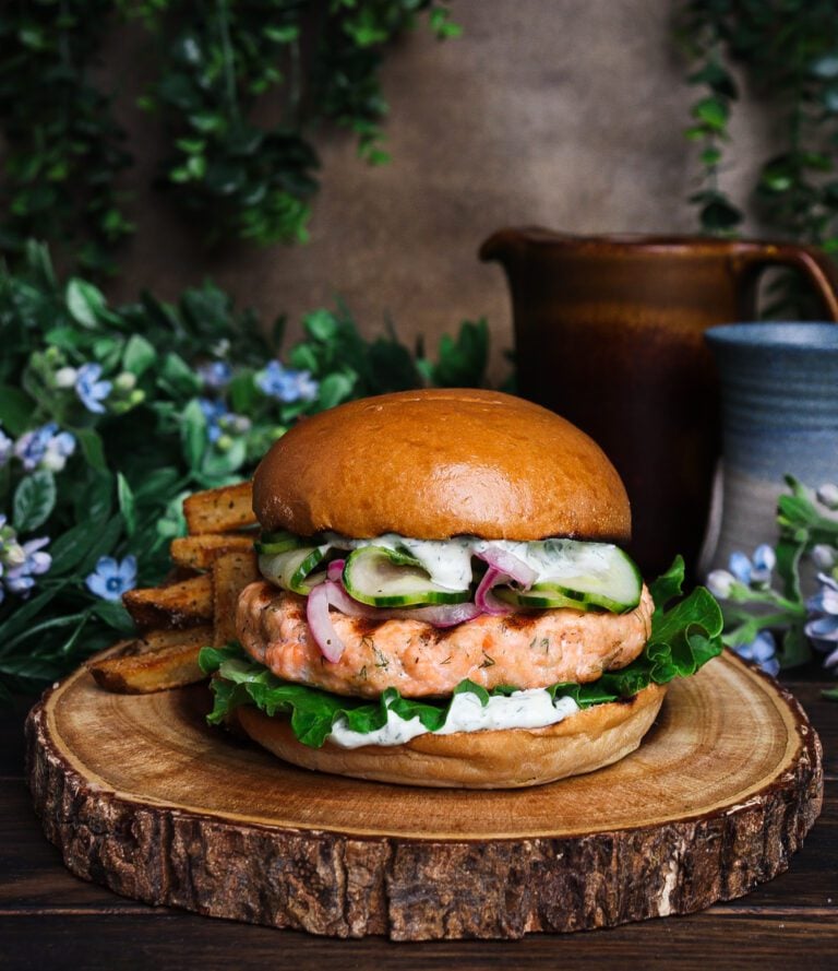 Salmon Burger with Yogurt Herb Aioli and Pickled Cucumbers