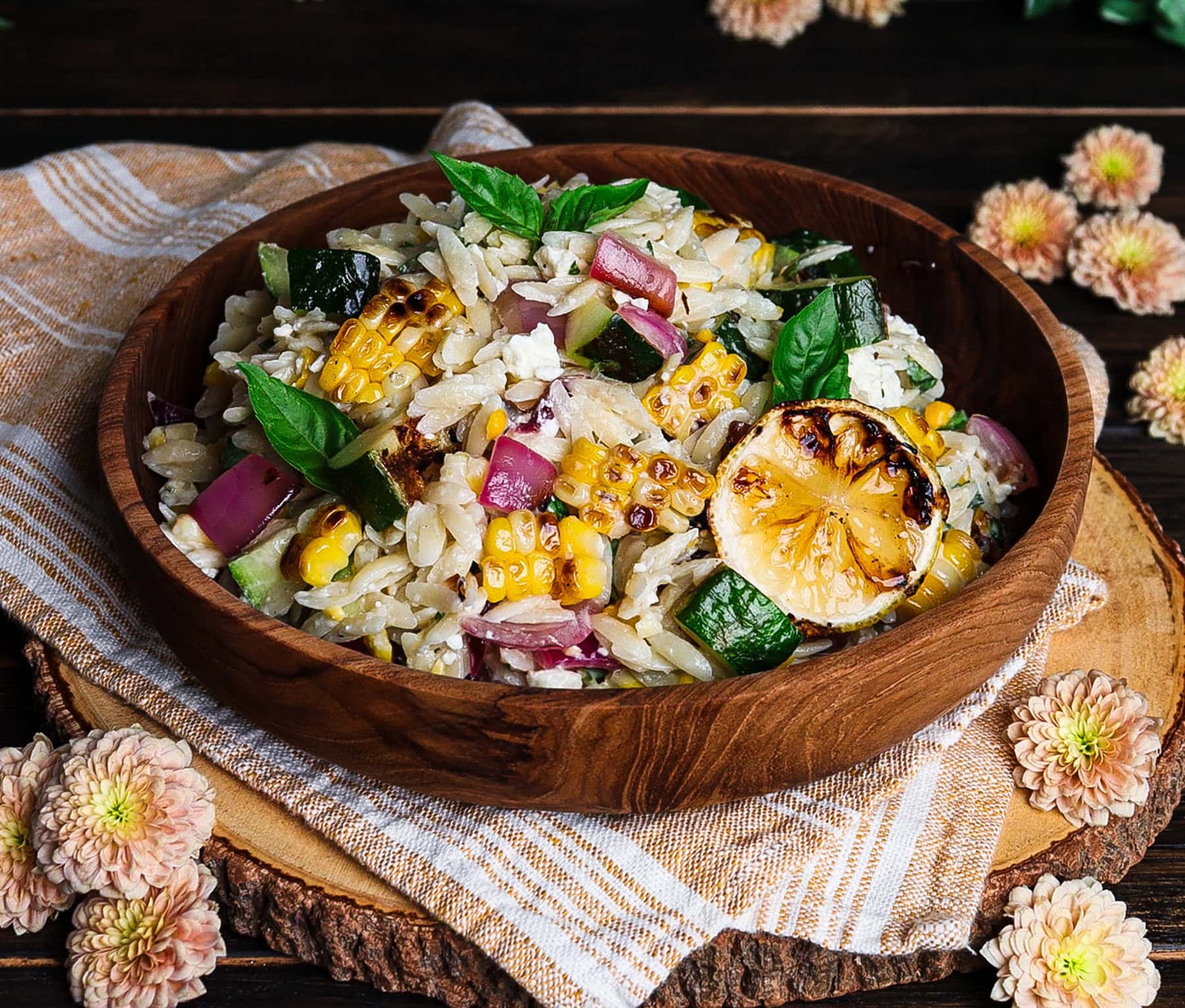 summer vegetable pasta salad with grilled corn