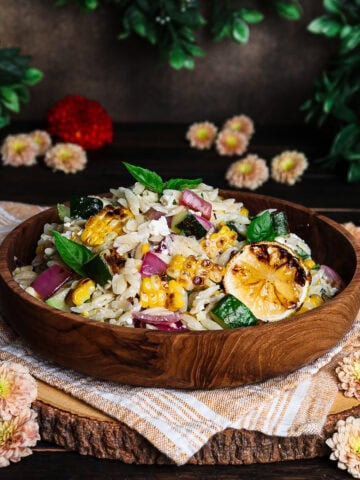 vegetable pasta salad with grilled corn