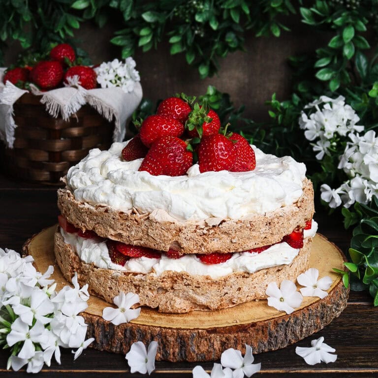 Hazelnut Meringue Cake with Strawberries and Cream
