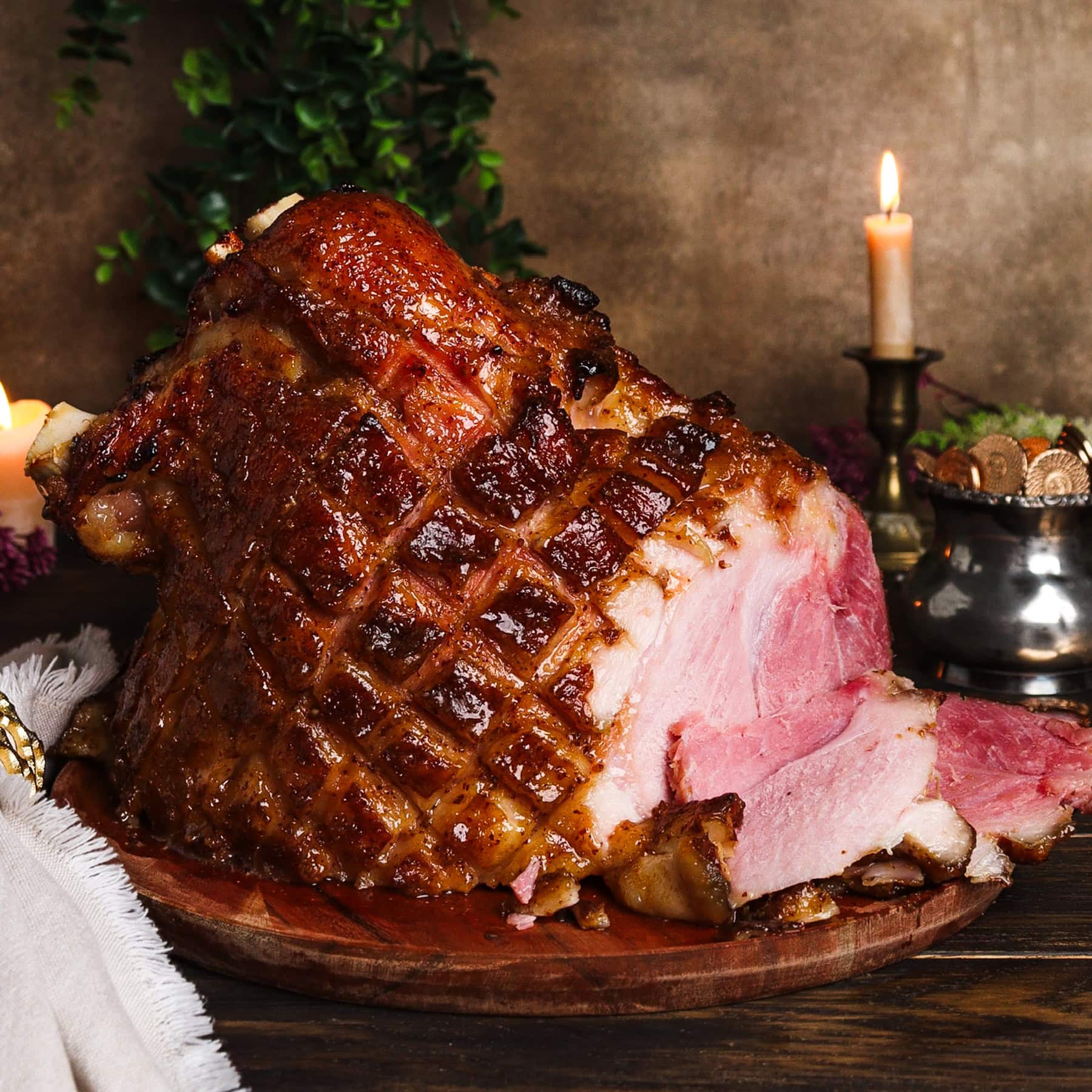 honey mustard glazed ham in rustic setting inspired by the misty mountains