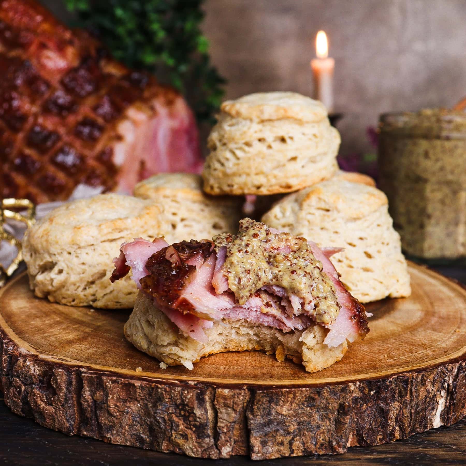 beer biscuits topped with honey mustard beer glazed ham and beer mustard