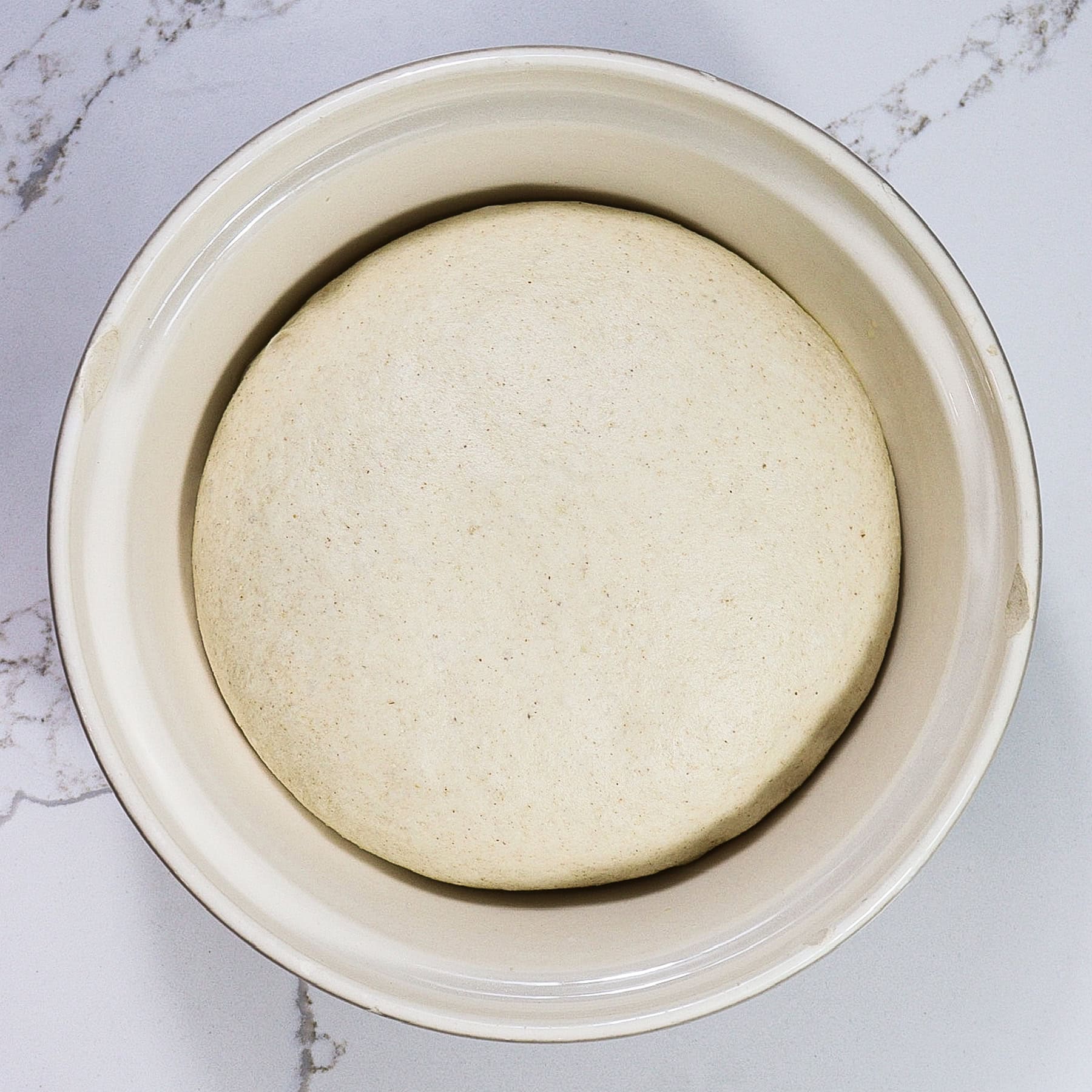 soft barley bread dough in a mixing bowl that has risen