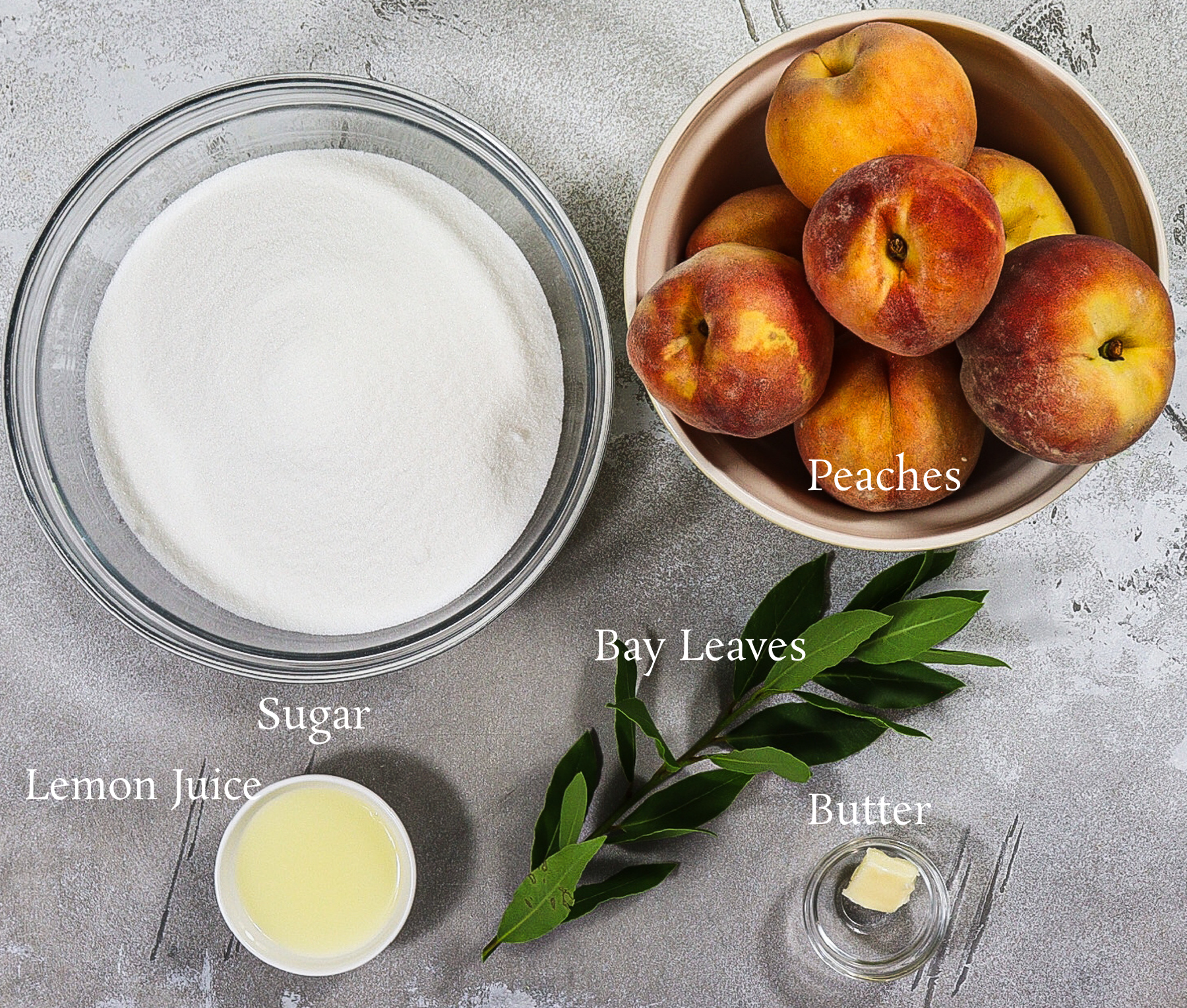 ingredients for homemade peach and bay leaf jam