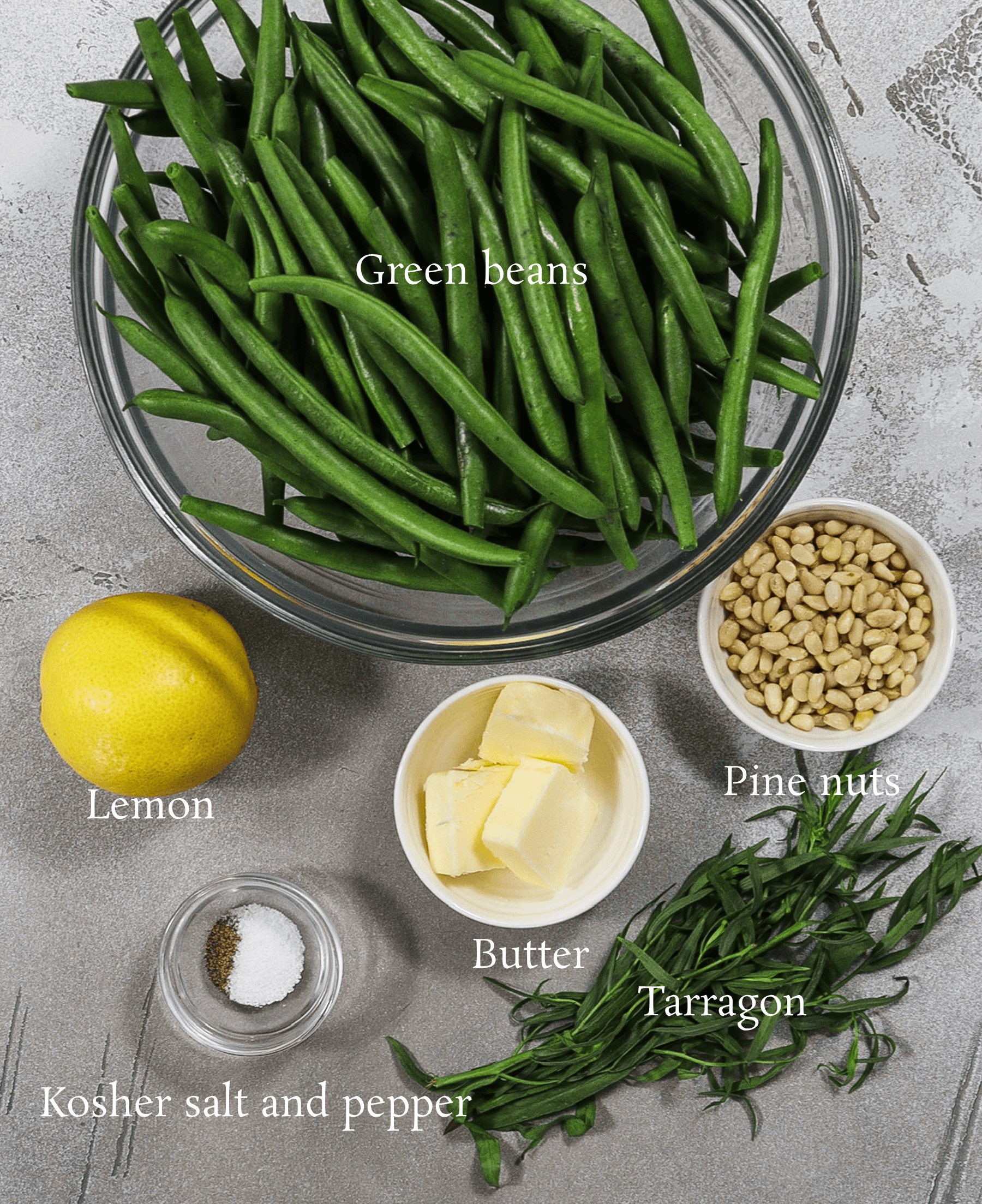ingredients for tarragon green beans with lemon and pine nuts