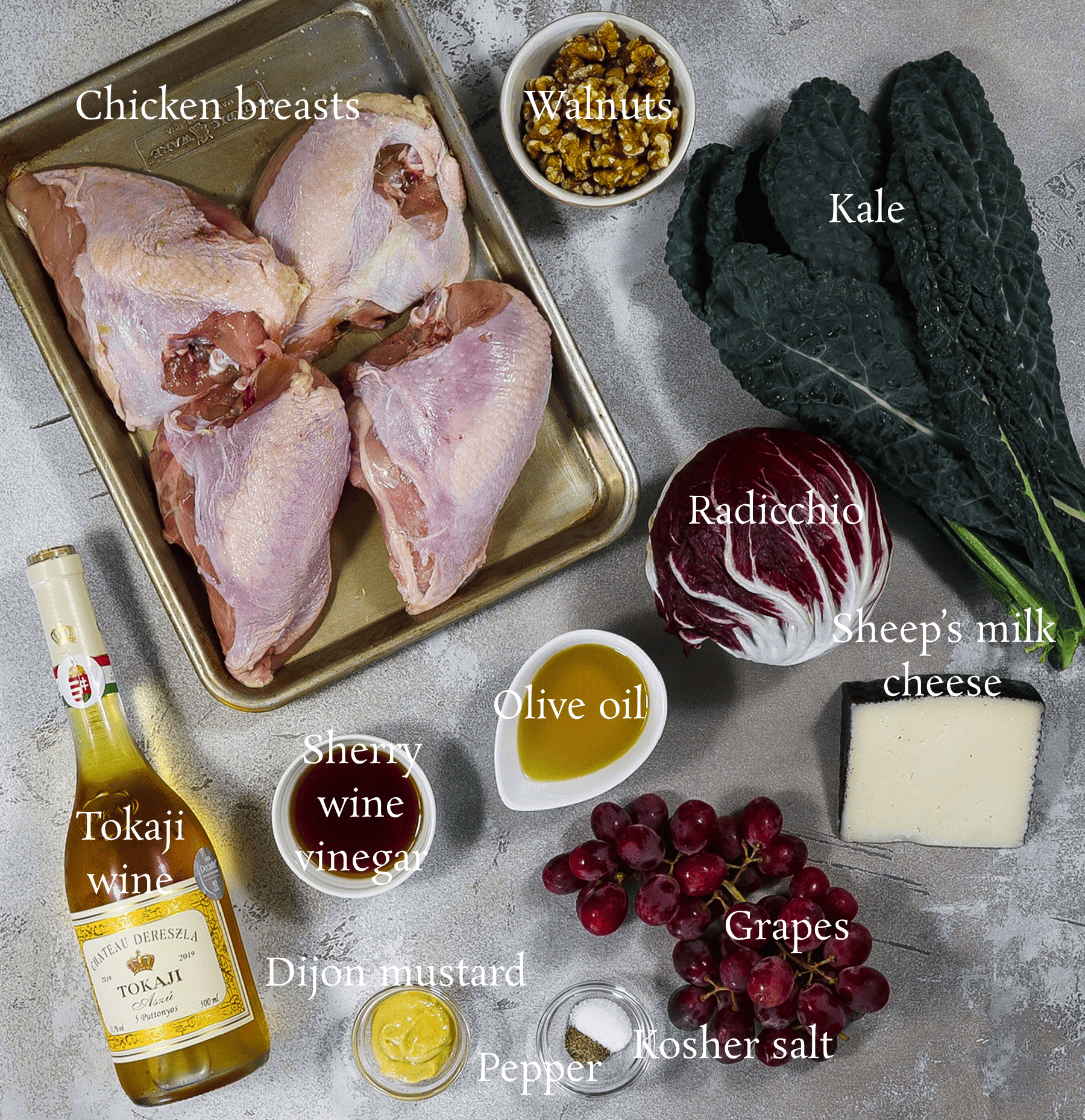 ingredients for roast chicken salad with grapes and sweet wine vinaigrette
