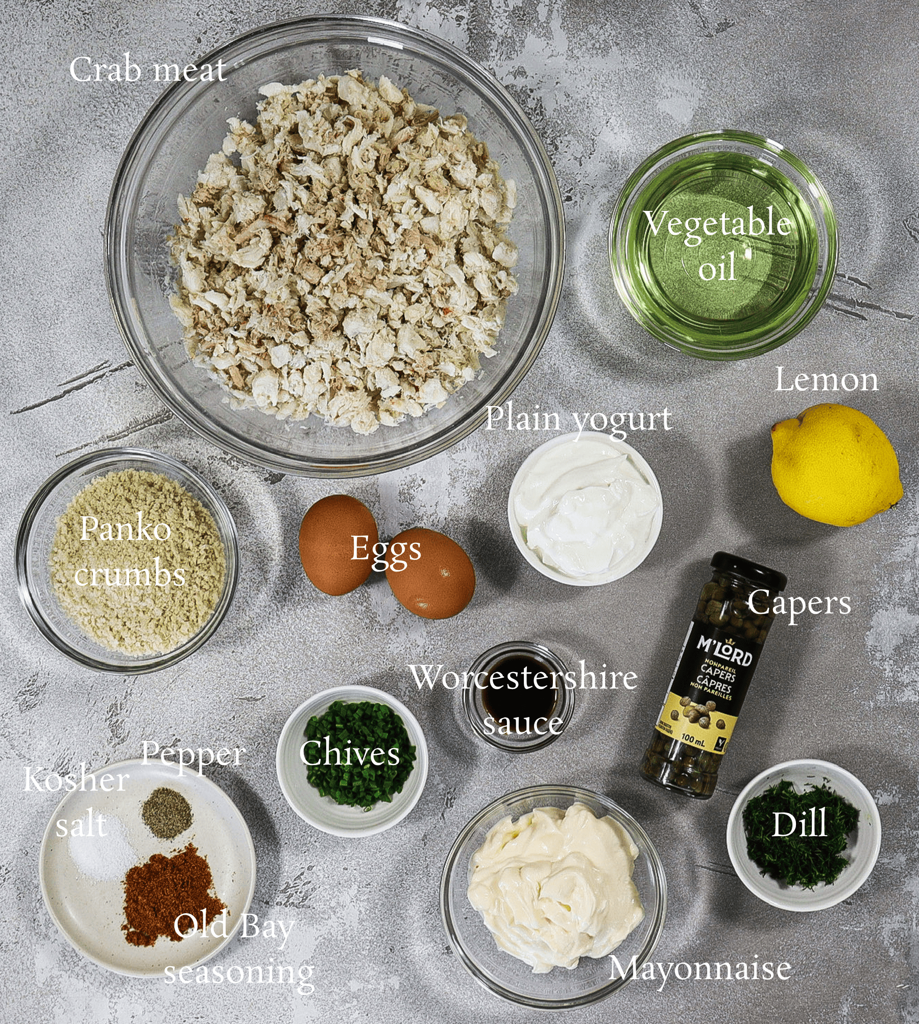 ingredients for crab cakes with lemon caper mayonnaise