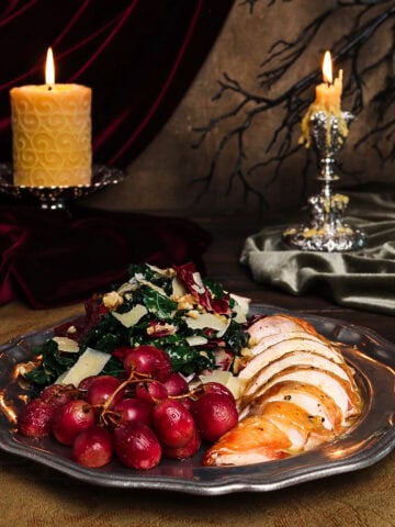 chicken salad and grapes in a gothic setting for a Dracula menu