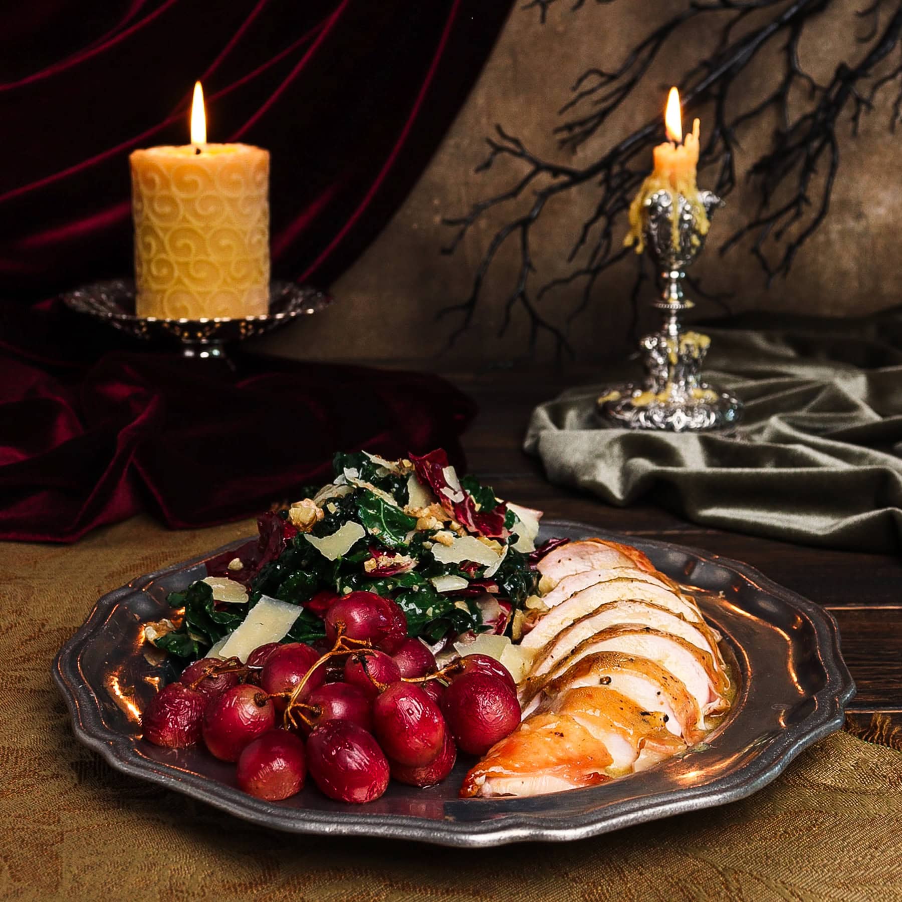 roast chicken salad with grapes in a gothic setting part of a series of dracula recipes